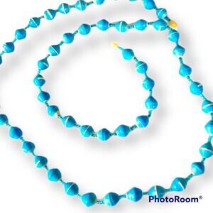 Turquoise paper bead necklace with plastic barrel clasp